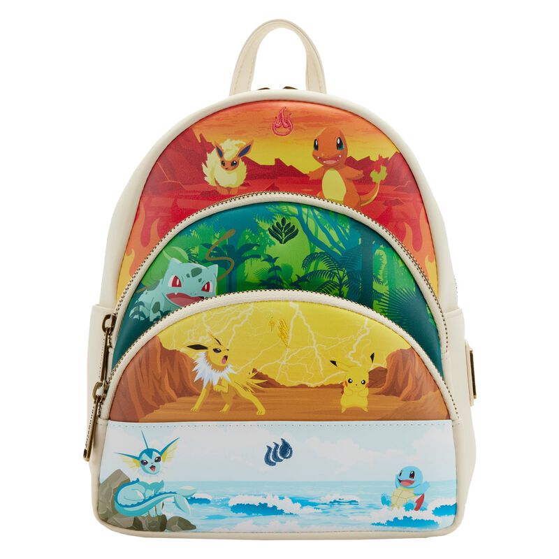 White triple pocket mini backpack featuring different types of Pokémon: Fire-type, Grass-type, Electric-type, and Water-type.
